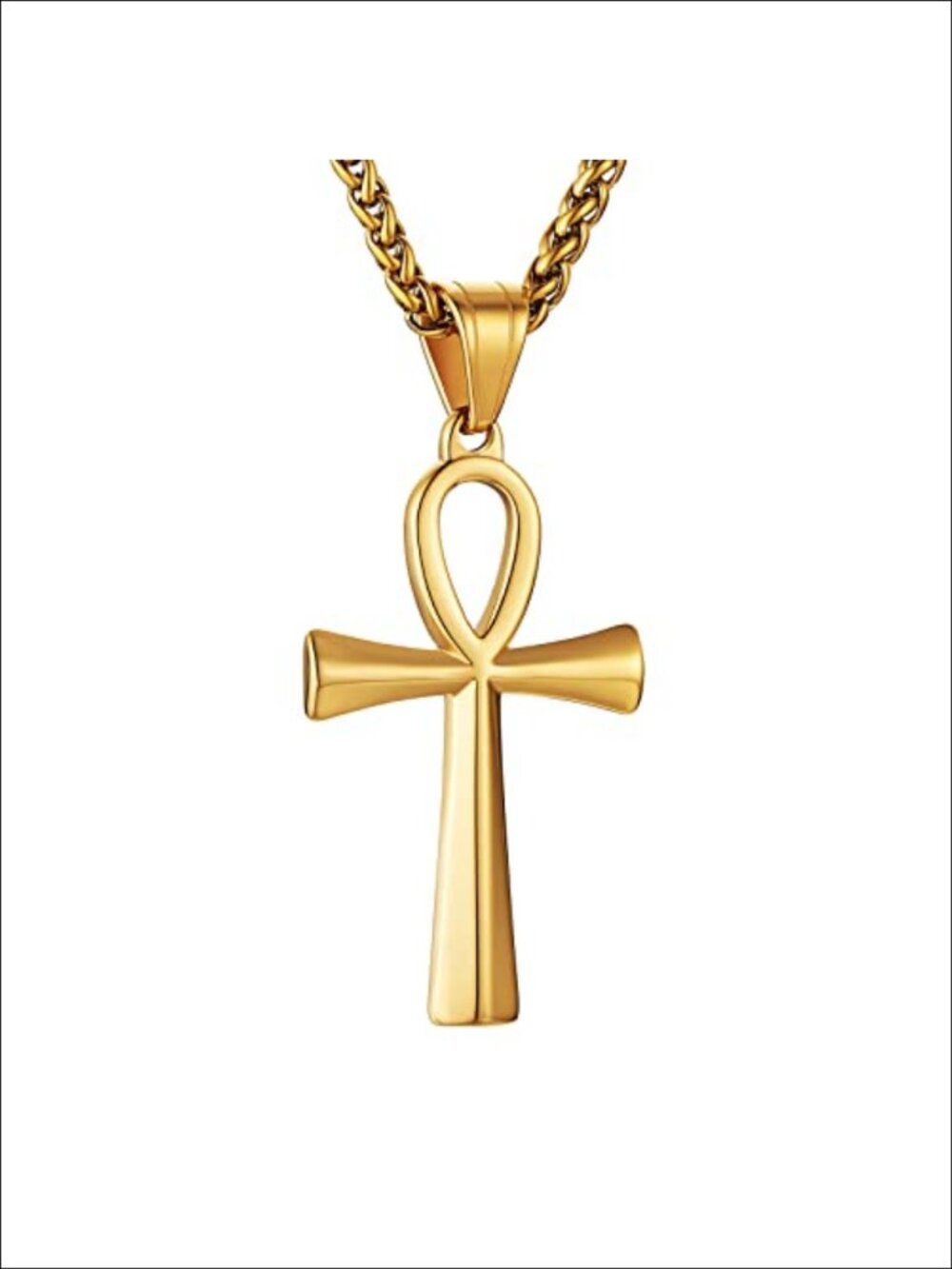 Stainless Steel Ankh Cross Pendant Necklace 24 Inch Wheat Chain Waterproof